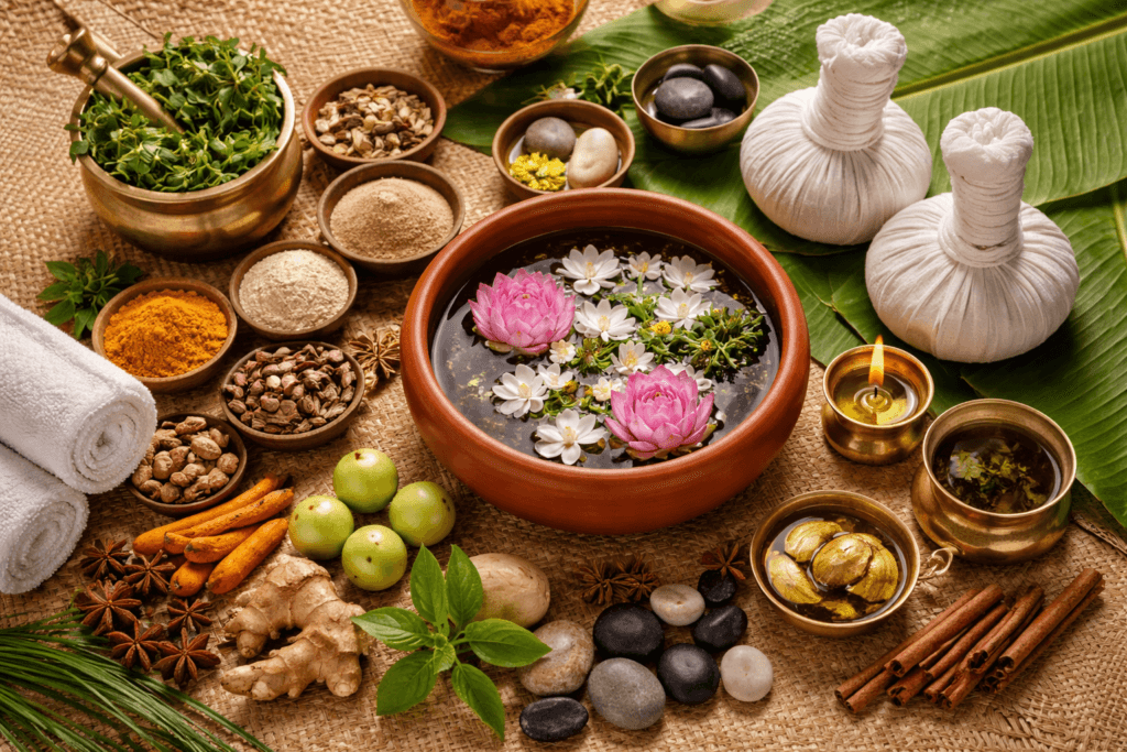 Warm Ayurvedic still life at the threshold of the Kerala Ayurvedic Lifestyle Centre — brass vessels, herbs and sprigs arranged on a teak surface